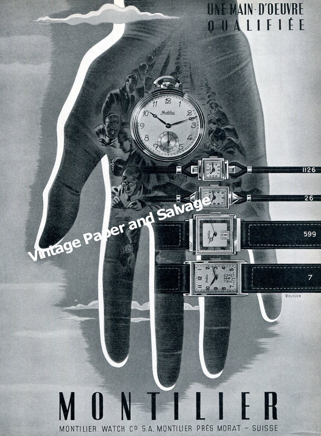 Vintage 1942 Montilier Watch Company Switzerland Original 1940s Swiss Ad Advert Suisse