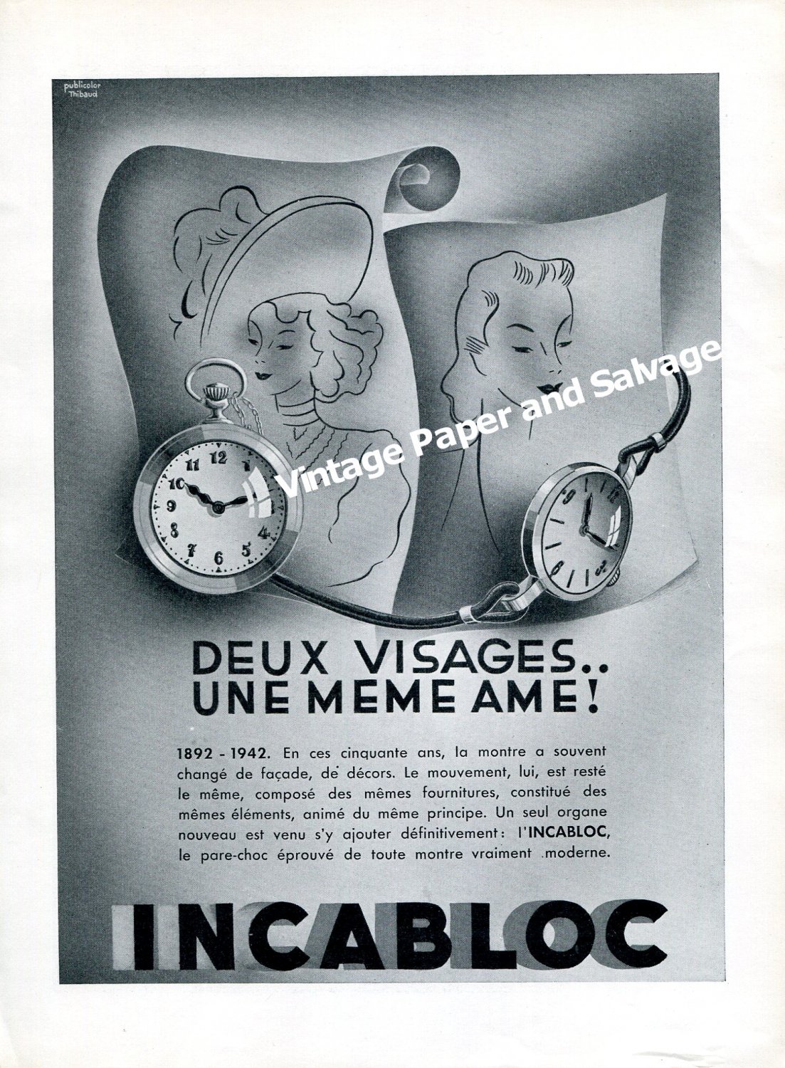 Vintage 1942 Incabloc Deux Visages Une Meme Ame 1940s Swiss Advert Suisse Horlogerie Horology