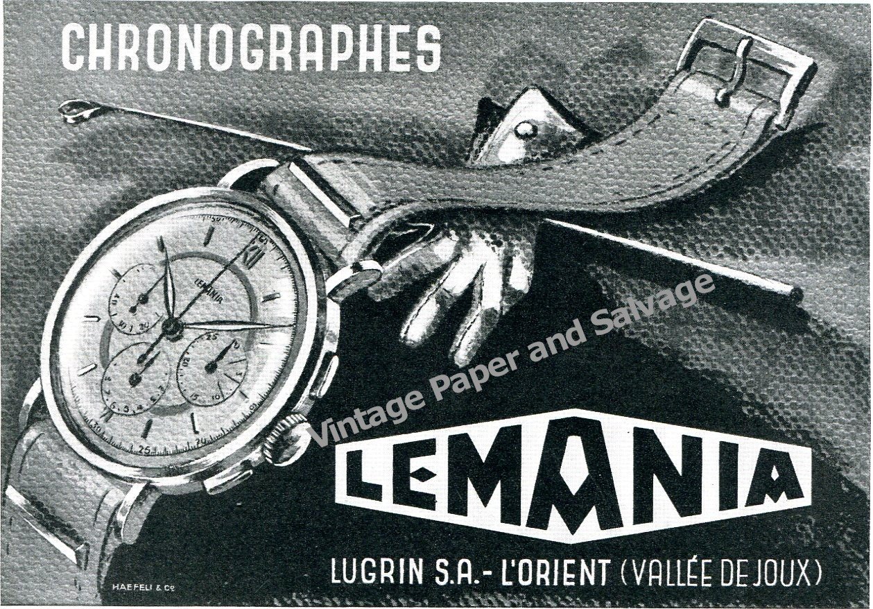 Vintage 1943 Lemania Watch Company Lugrin SA Switzerland 1940s Swiss Ad Advert Suisse