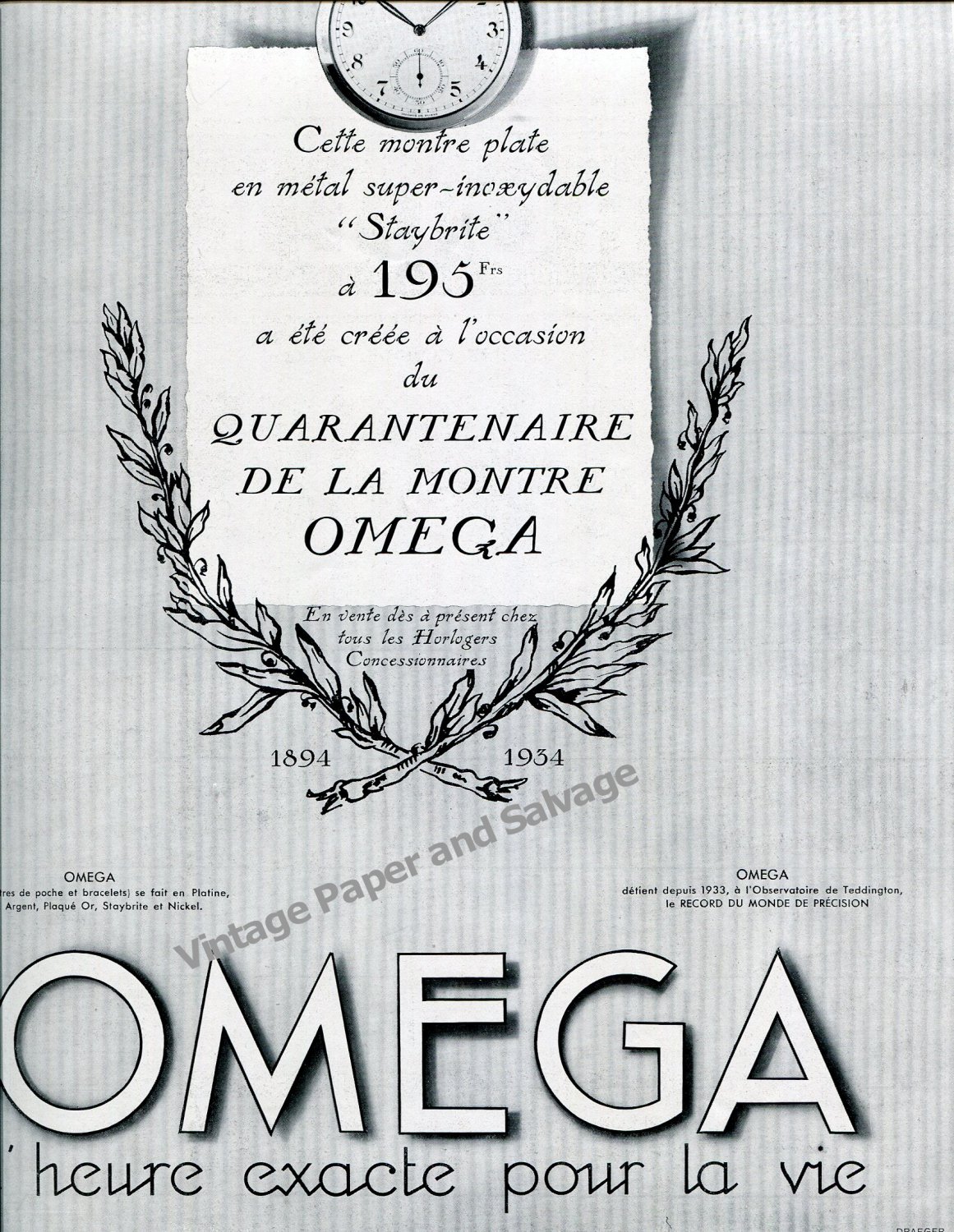 Vintage 1934 Omega Watch Company 40 Year Anniversary 1894-1934 French Ad 1930s