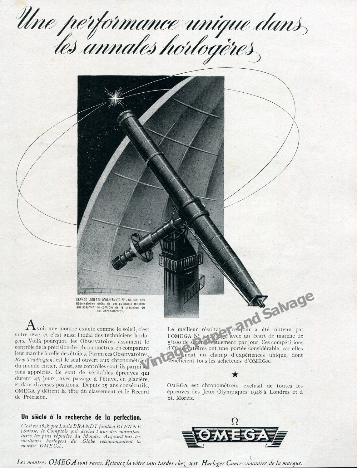 Vintage 1948 Omega Watch Company Precision Record Performance Unique 1940s French Print Ad Advert