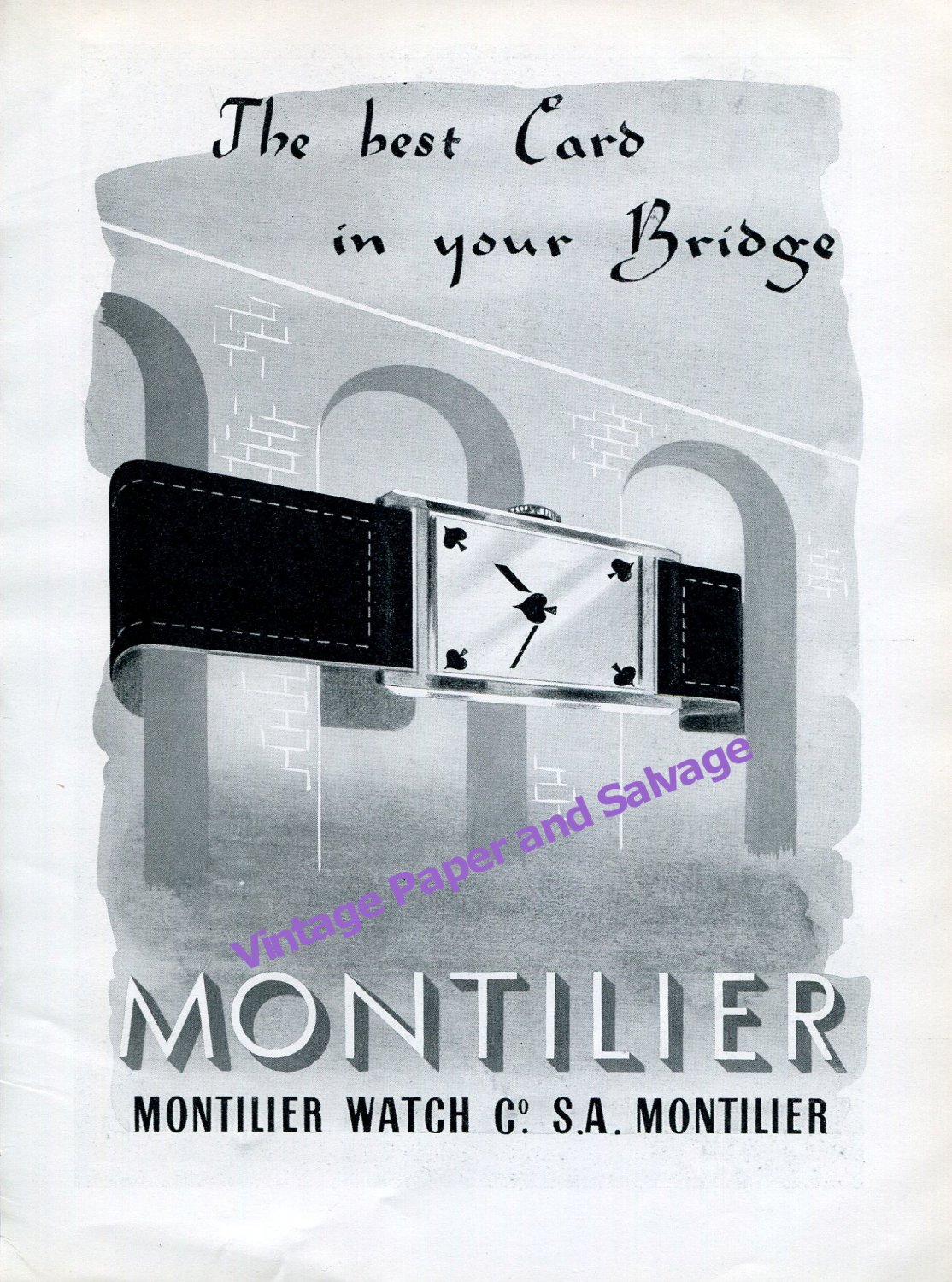 1942 Montilier Watch Company Switzerland The Best Card in Your Bridge 1940s Swiss Print Ad Suisse