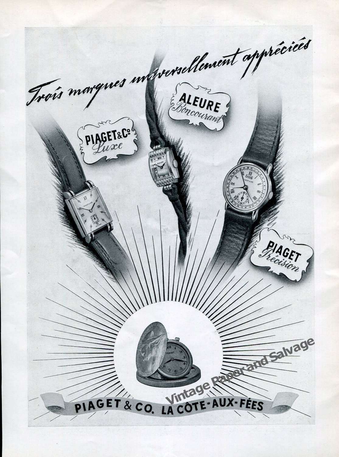 Vintage 1942 Piaget & Co La Cote-Aux-Fees Switzerland 1940s Swiss Ad ...