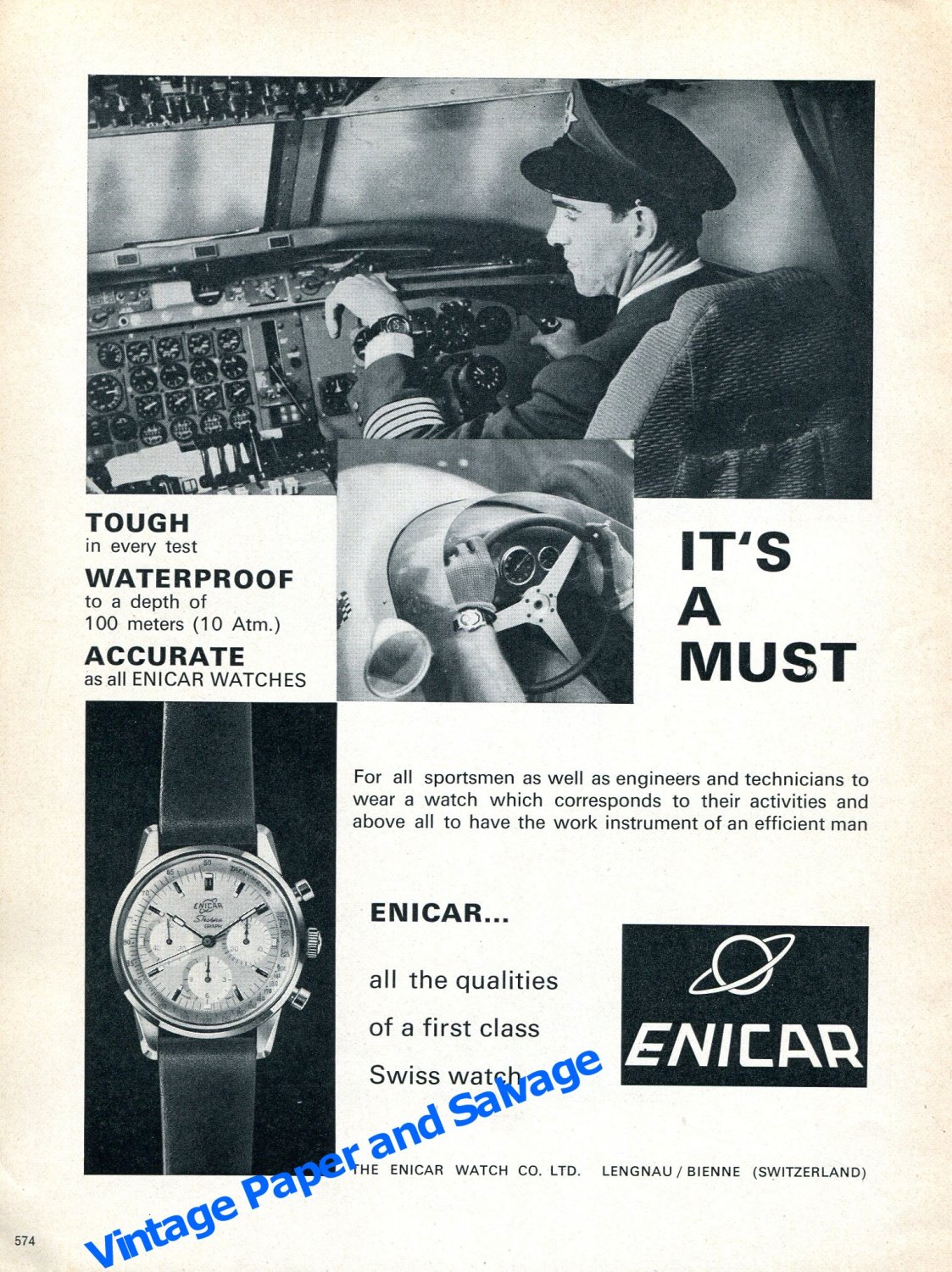 1964 Enicar Watch Advert Tough Waterproof Accurate Swiss Print Ad Publicite Suisse