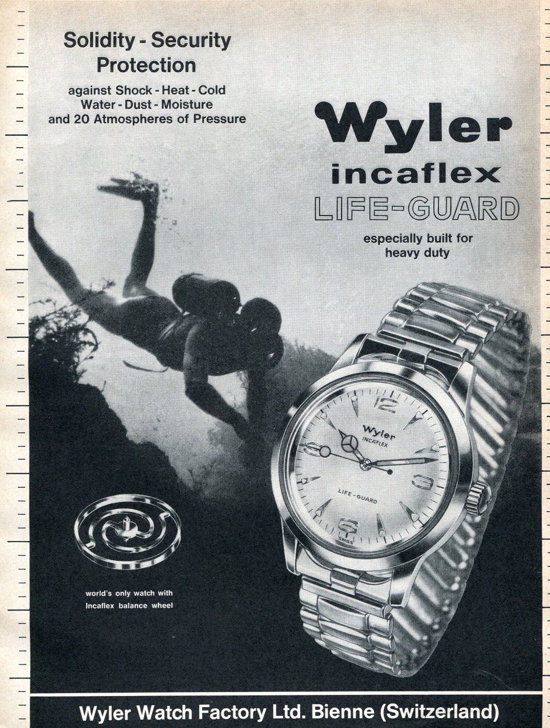 Vintage 1965 Wyler Life-Guard Watch Advert Protection at 20 Atmospheres Swiss Print Ad 1960s