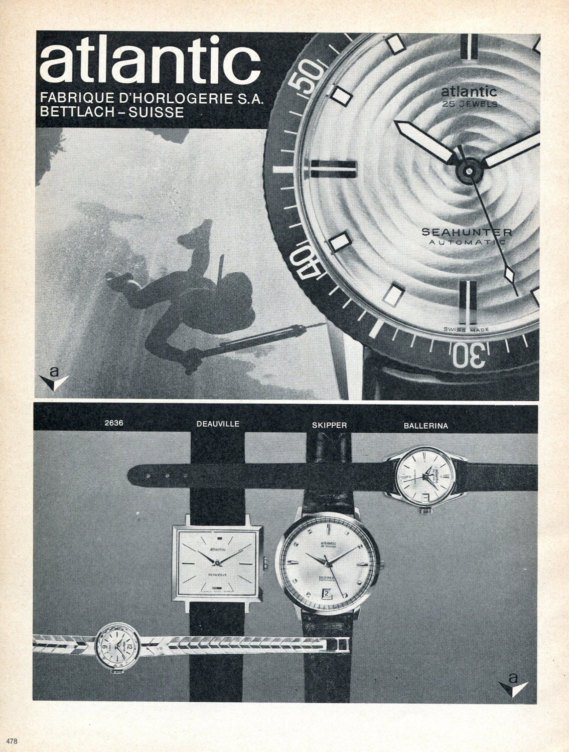 Vintage 1965 Atlantic Seahunter Watch Advert Switzerland Vintage 1960s Swiss Print Ad
