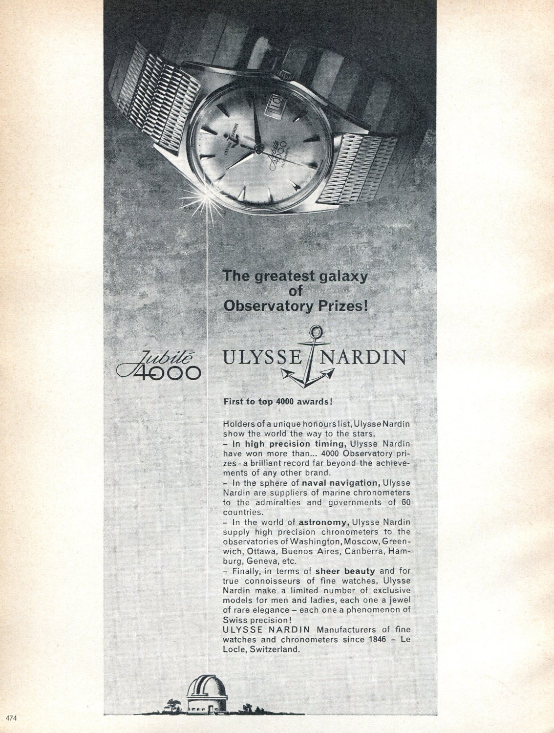 Vintage 1965 Ulysse Nardin The Greatest Galaxy of Observatory Prizes Swiss Print Ad