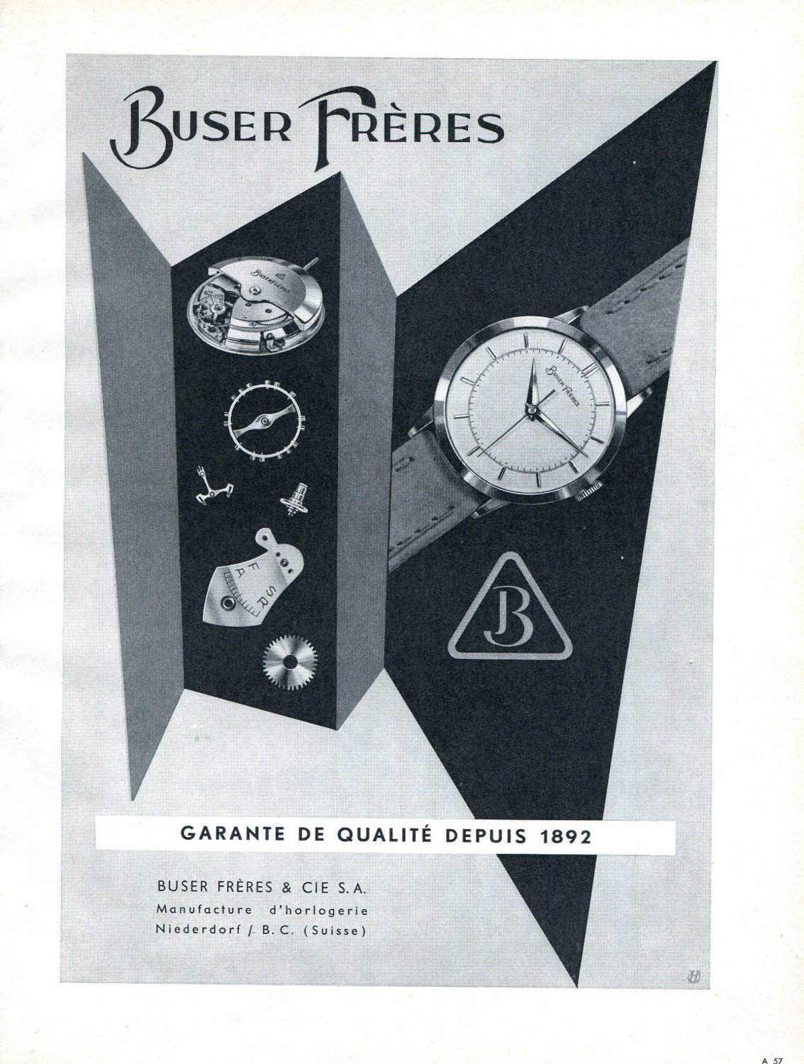 Vintage 1954 Buser Freres Watch Company Switzerland 1950s Swiss Print Ad Suisse