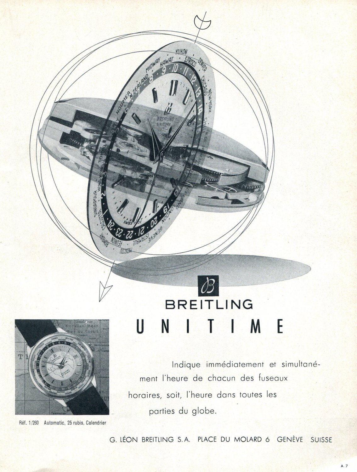 Vintage 1954 Breitling Unitime Watch Advert 1950s Swiss Print Ad Switzerland