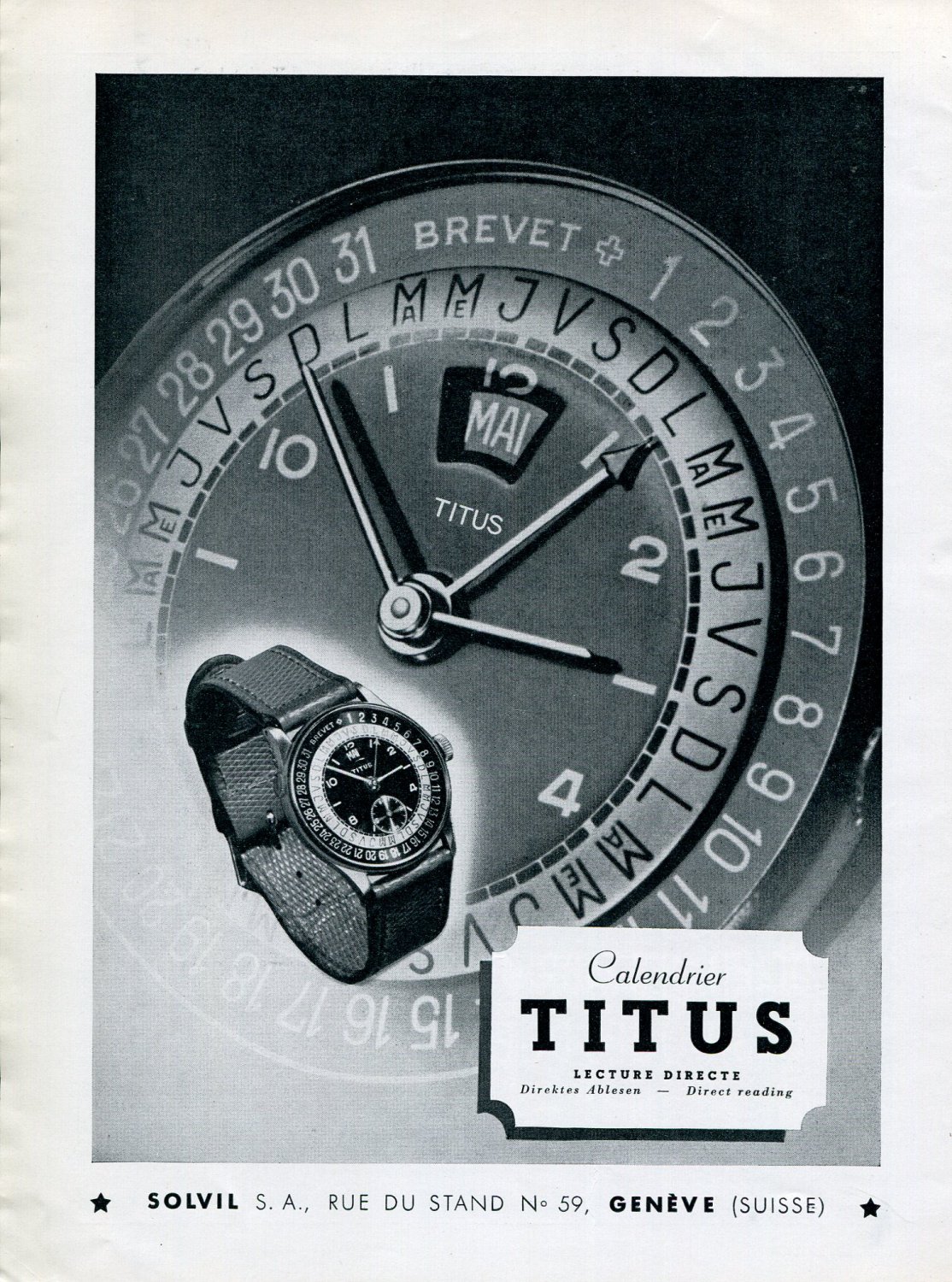 Vintage 1943 Titus Calendrier Watch Advert Solvil SA Switzerland 1940s Swiss Print Ad
