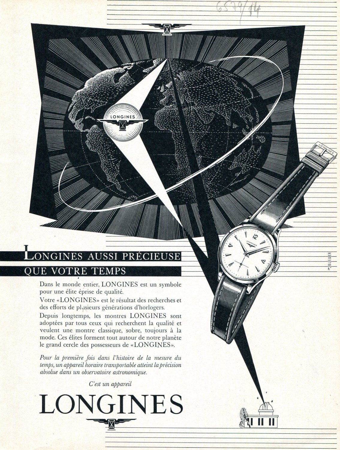 Vintage 1954 Longines Watch Company Symbol Pour Une Elite Eprise de ...