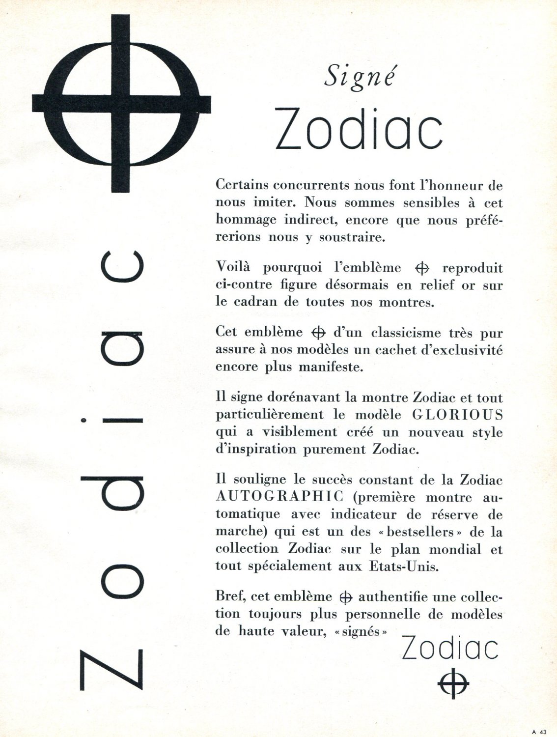 Vintage 1954 Zodiac Watch Company Switzerland 1950s Swiss Print Ad Zodiac Autographic Advert