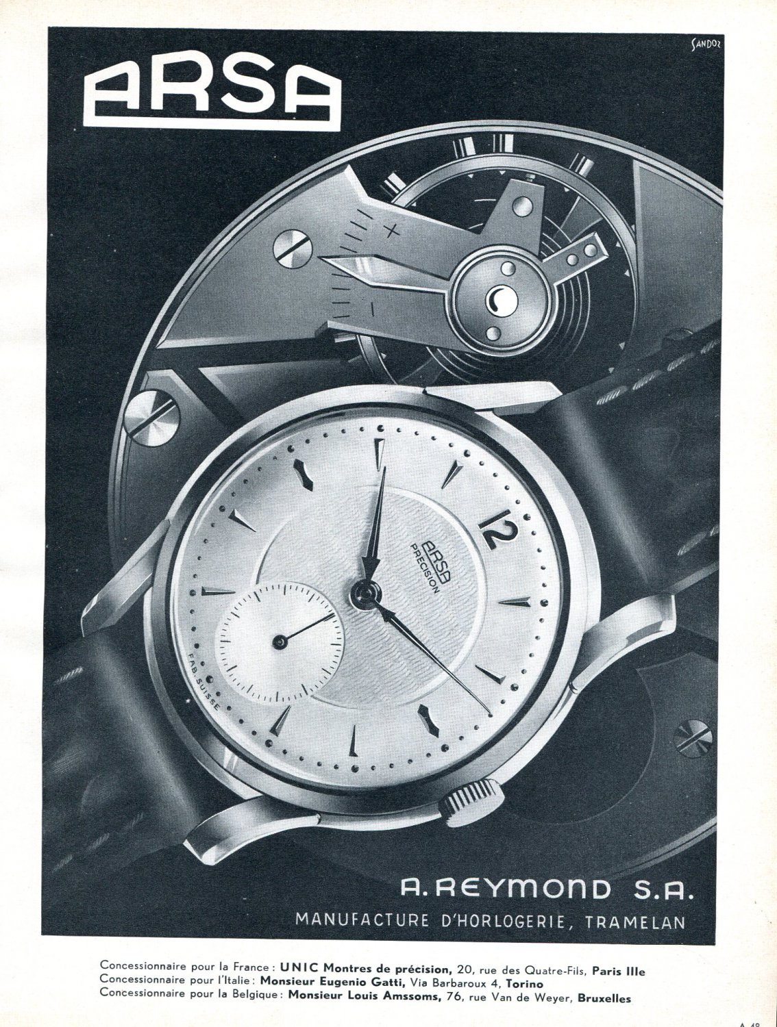 Vintage 1954 Arsa Precision Watch Advert A Reymond SA Switzerland 1950s Swiss Print Ad