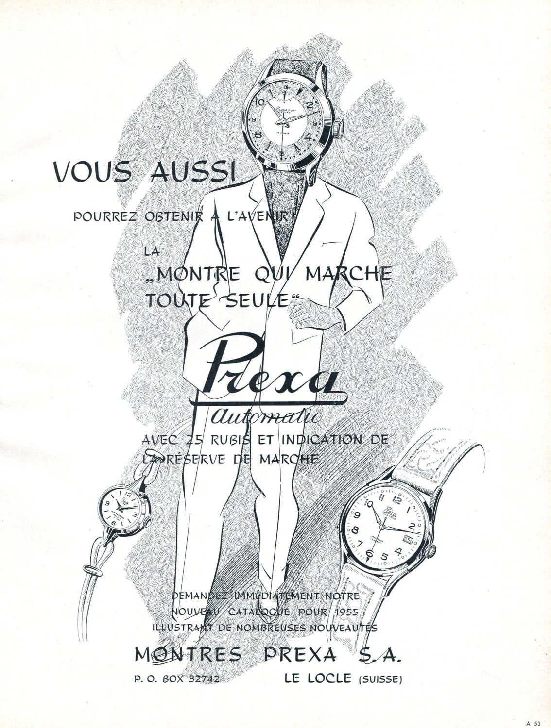 Vintage 1954 Prexa Automatic Watch Advert 1950s Swiss Print Ad Switzerland Suiza