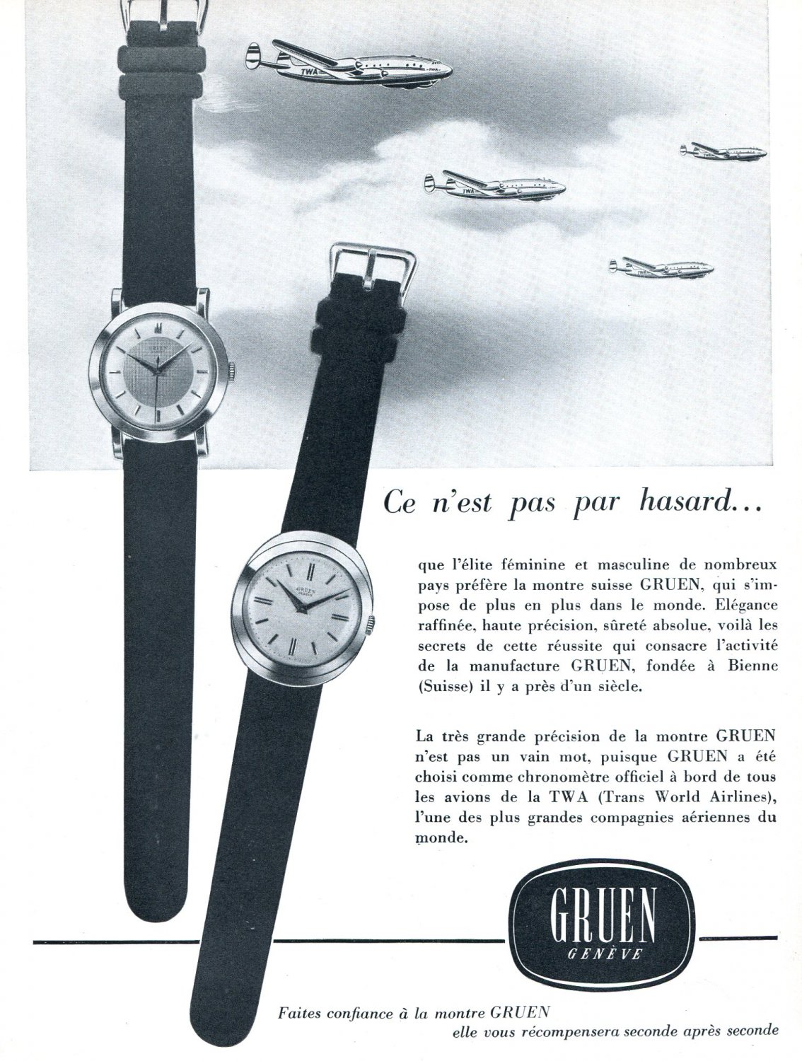 Vintage 1954 Gruen Watch Company TWA Trans World Airlines Aviation 1950s Swiss Print Ad