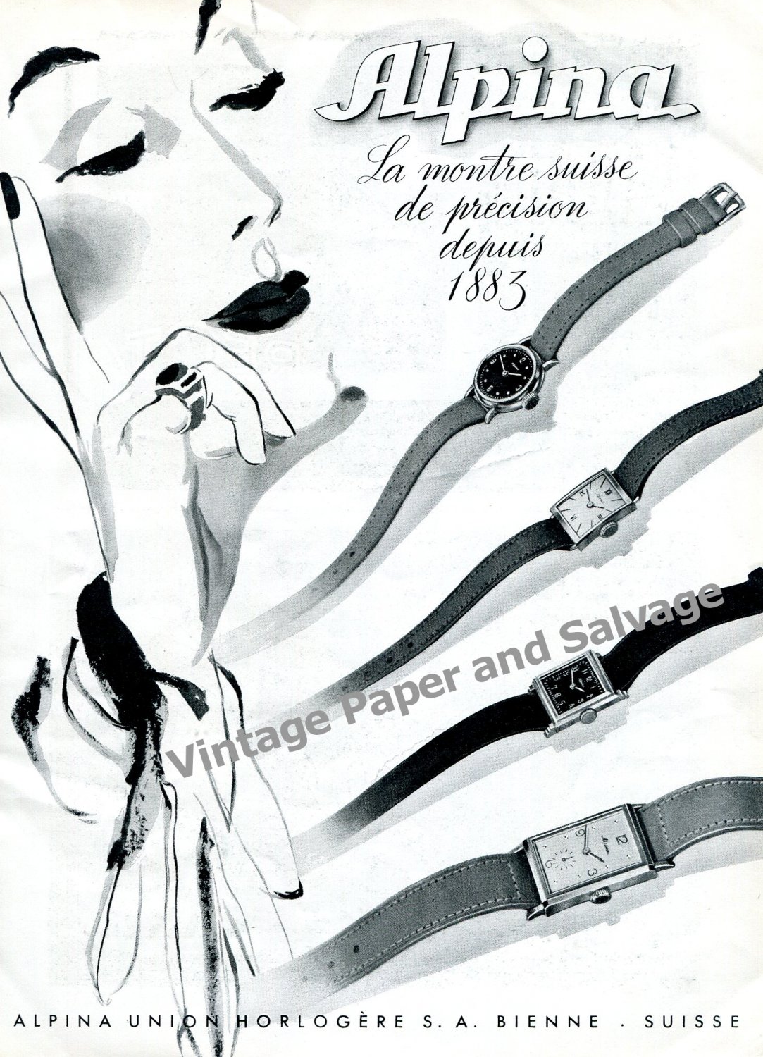 Vintage 1943 Alpina Watch Company Alpina Union Horlogere SA Switzerland 1940s Swiss Print Ad