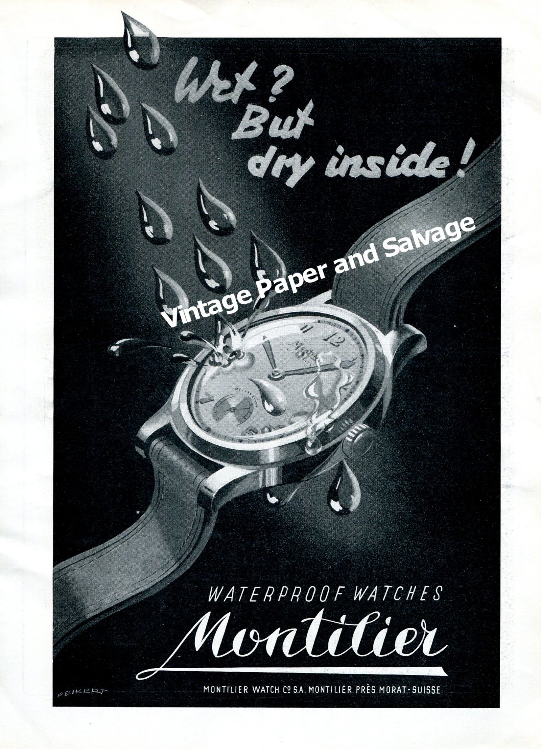 Vintage 1943 Montilier Waterproof Watch Advert 1940s Swiss Print Ad Switzerland Suisse