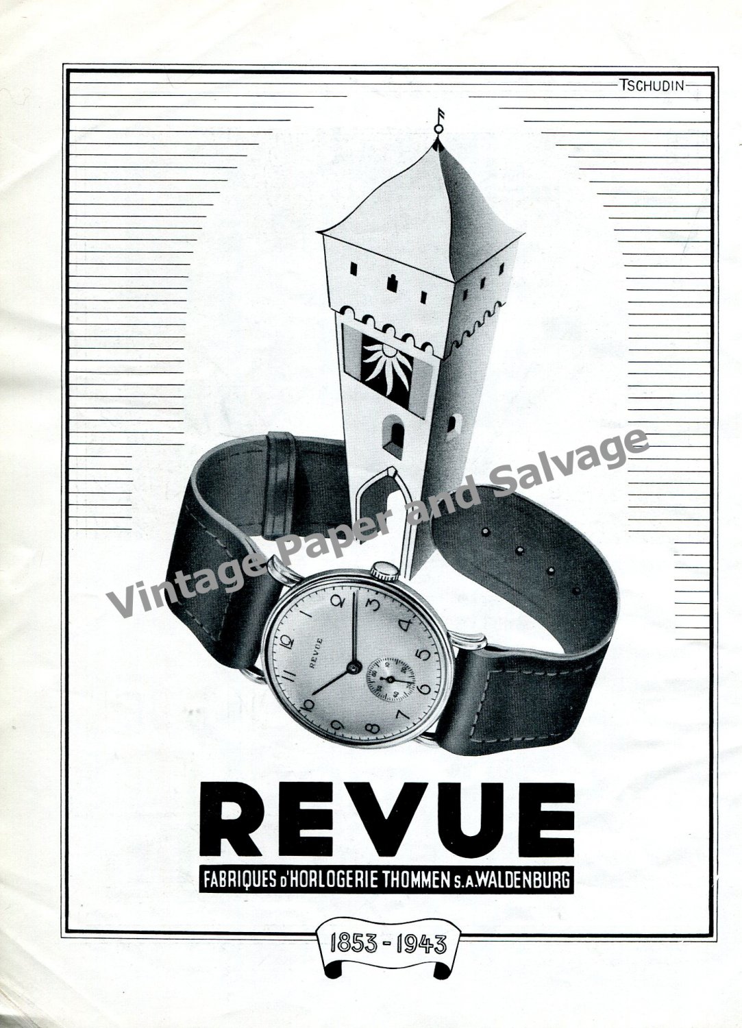 Vintage 1943 Revue Watch Co Fabriques d'Horlogerie Thomman S.A. Switzerland 1940s Swiss Print Ad