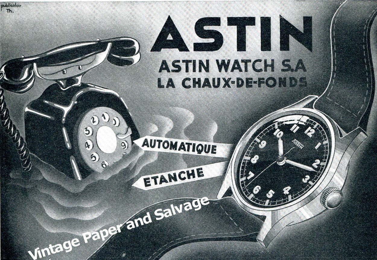 Vintage 1943 Astin Watch Company Switzerland 1940s Swiss Print Ad Advert Suisse CH