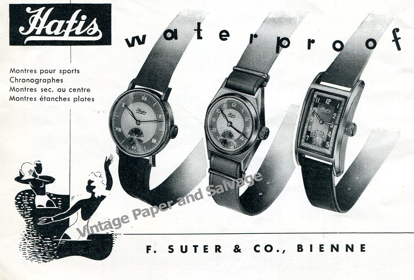 Vintage 1943 Hafis Watch Company F. Suter & Co Switzerland 1940s Swiss Print Ad Suisse