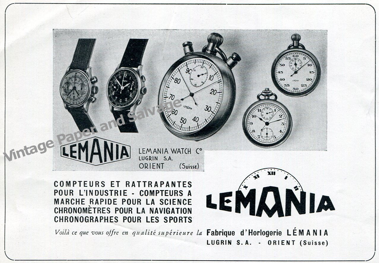 Vintage 1943 Lemania Watch Company Lugrin SA Switzerland 1940s Swiss Print Ad Advert Suisse
