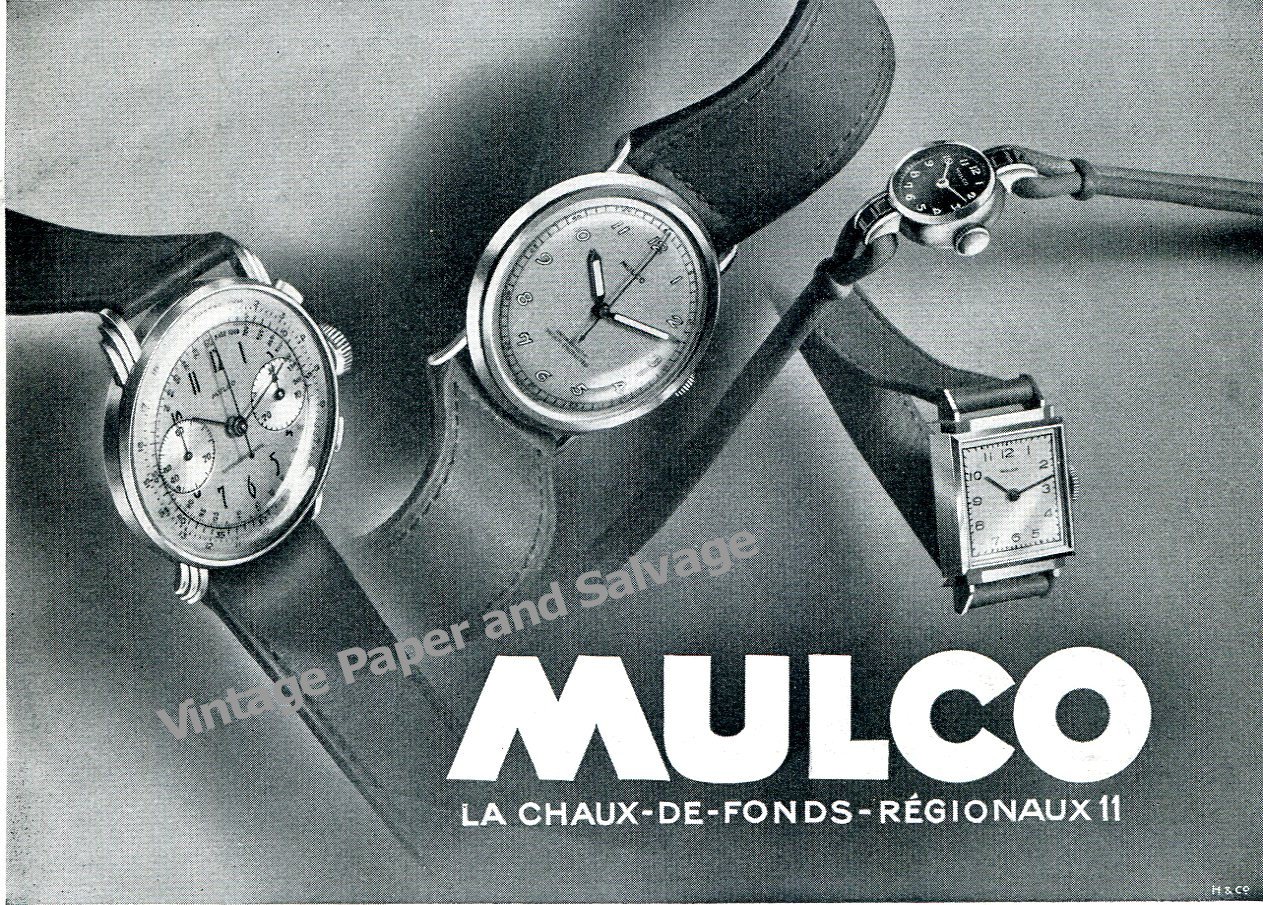 Vintage 1943 Mulco Watch Company Switzerland 1940s Swiss Print Ad Advert Suisse CH