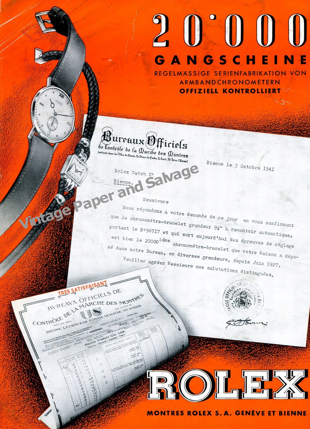 1943 Rolex Watch Company Switzerland Vintage 1940s Swiss Print Ad Montres Rolex SA CH