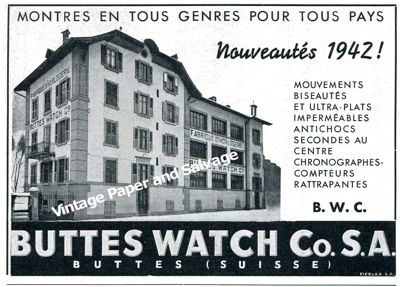 Vintage 1942 Buttes Watch Co SA Switzerland 1940s Swiss Print Ad Advert Suisse Schweiz