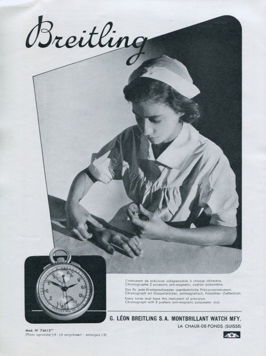 Vintage 1940 Breitling Chronograph Pulsometer Stopwatch Advert Montbrillant Swiss Print Ad
