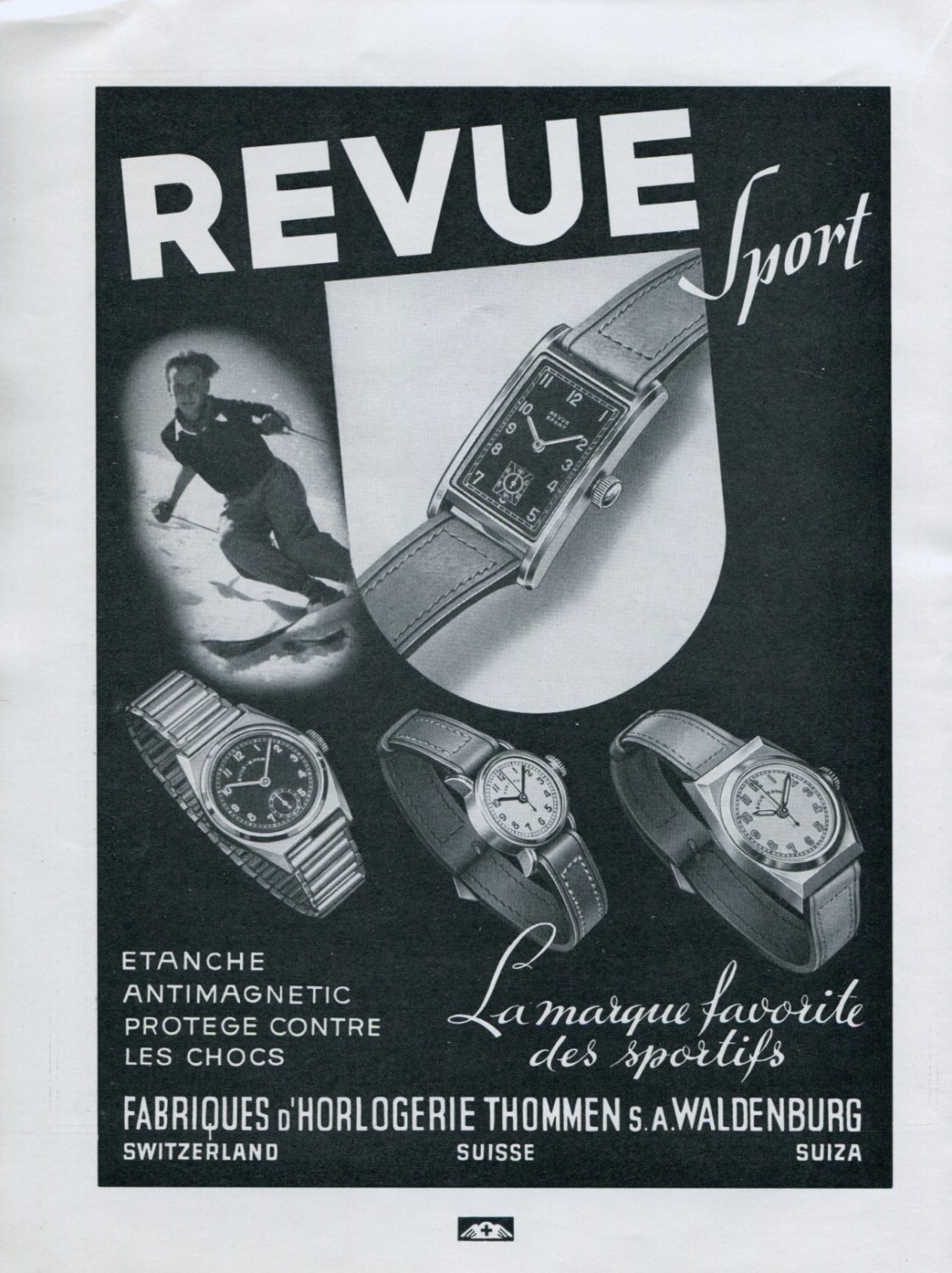Vintage 1940 Revue Sport Watch Advert Thommen SA Switzerland Swiss Print Ad Suisse CH