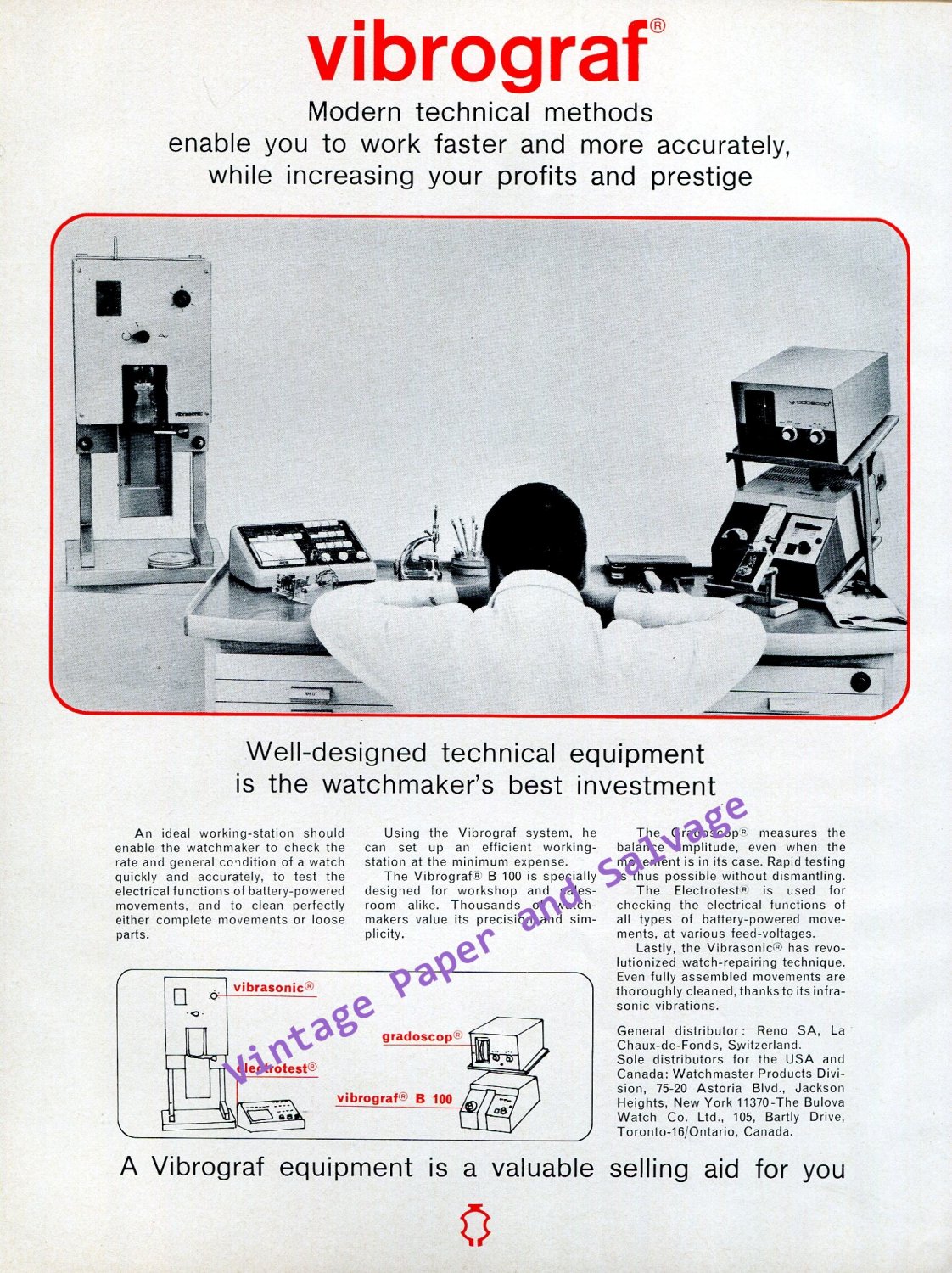 Vintage 1968 Vibrograf Reno SA Switzerland 1960s Swiss Print Ad Advert Horology Horlogerie Suisse