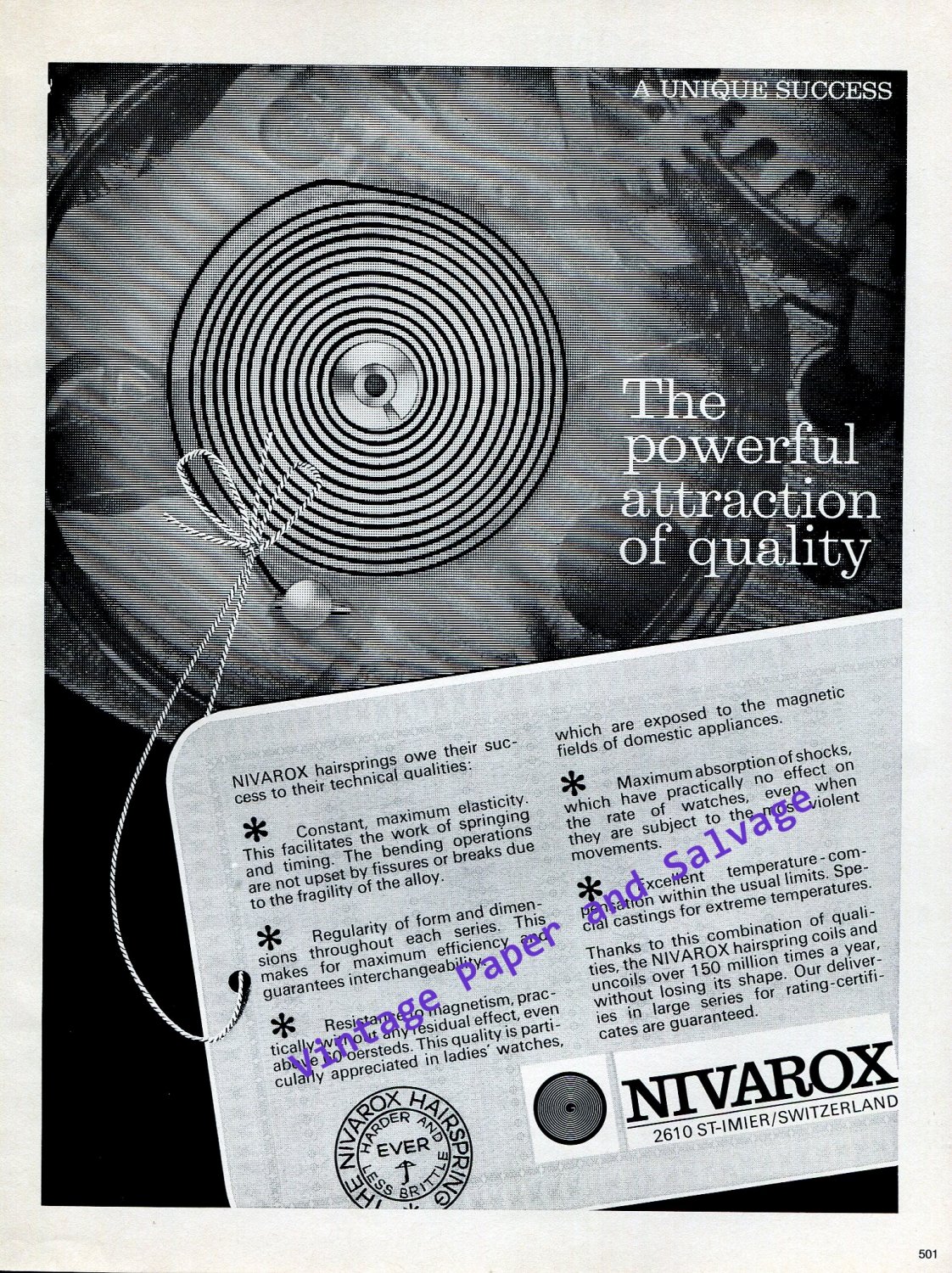 1968 Nivarox Watch Hairspring Advert The Powerful Attraction of Quality 1960s Swiss Print Ad