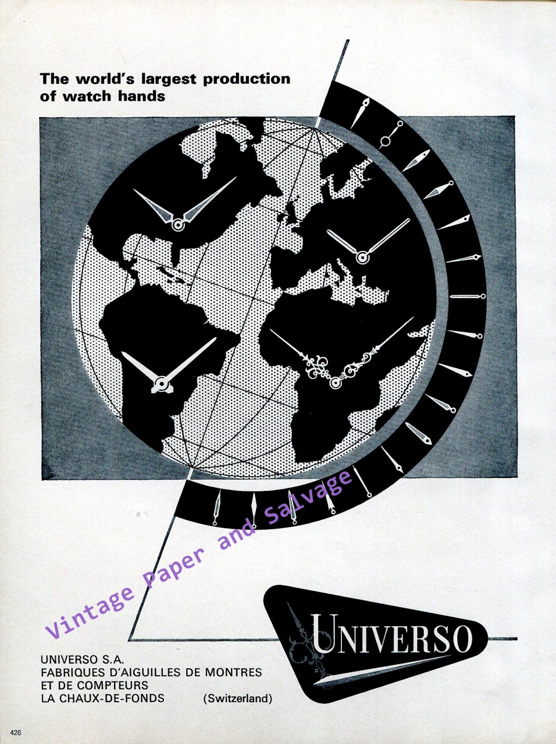 Vintage 1968 Universo SA World's Largest Production of Watch Hands Swiss Print Ad Advert Horology