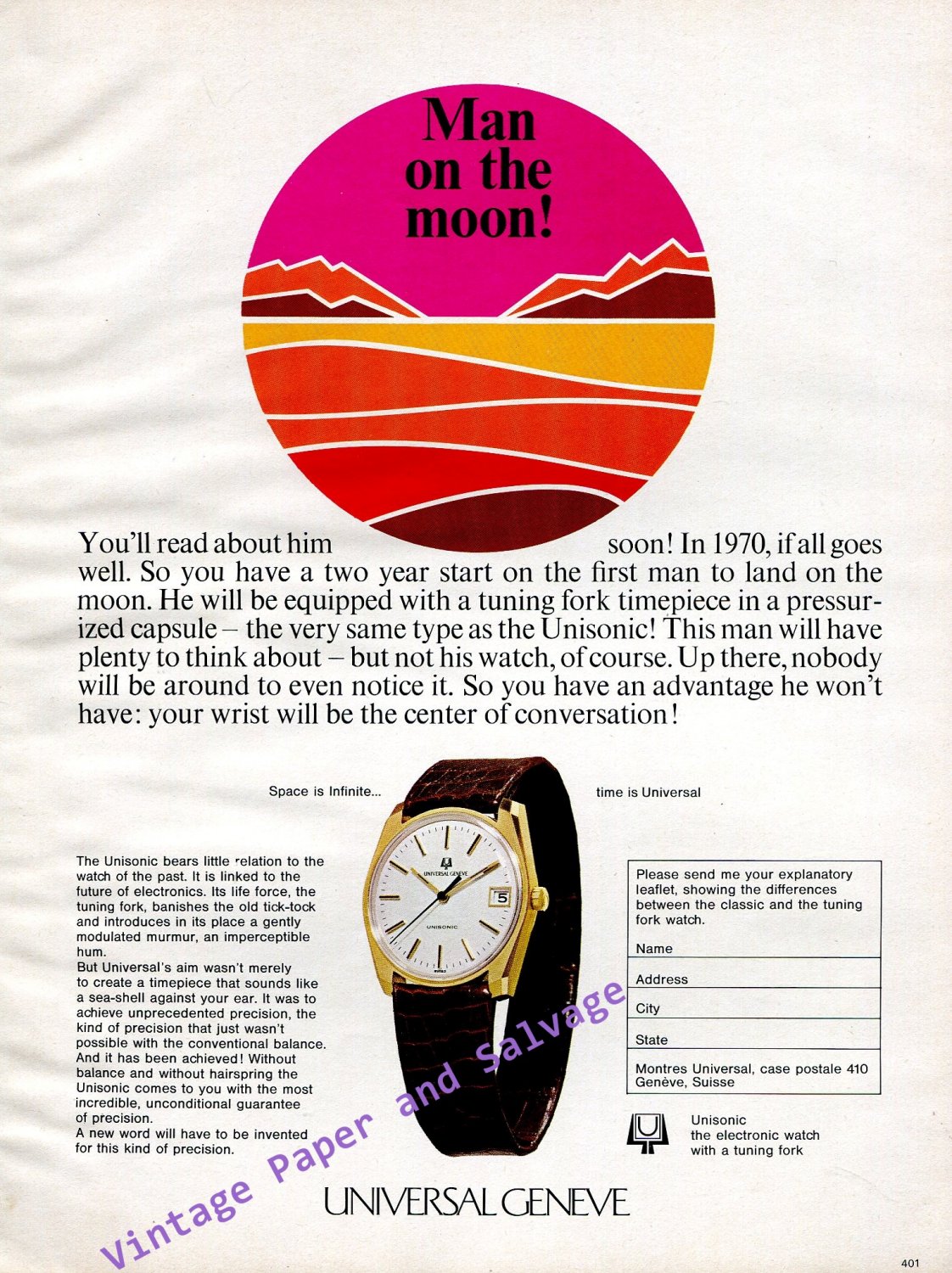 Vintage 1968 Universal Geneve Watch Co Man on the Moon Unisonic 1960s Swiss Print Ad Advert
