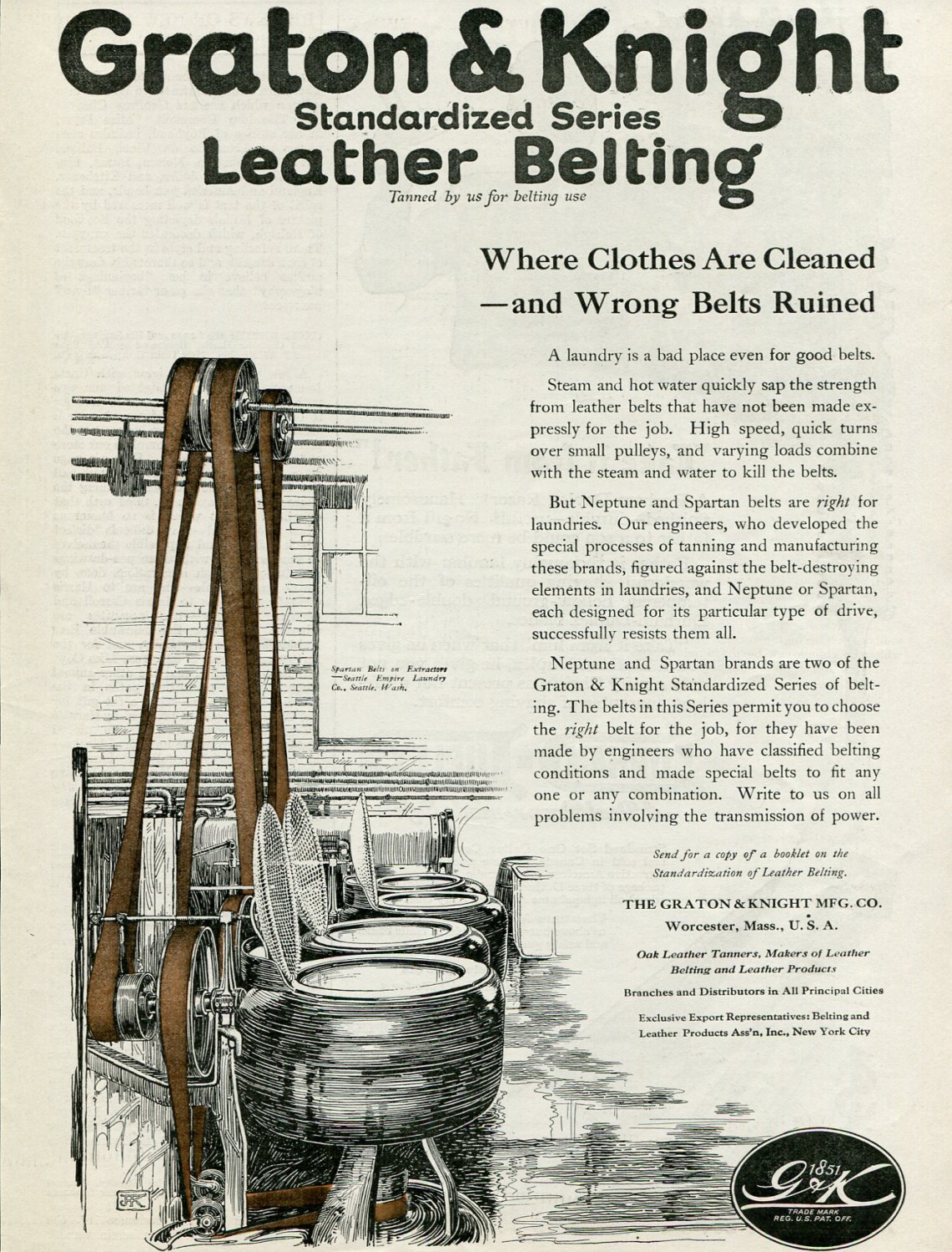 1920 Graton & Knight Worcester MA Neptune Spartan Leather Laundry Belts Vintage Print Ad Advert