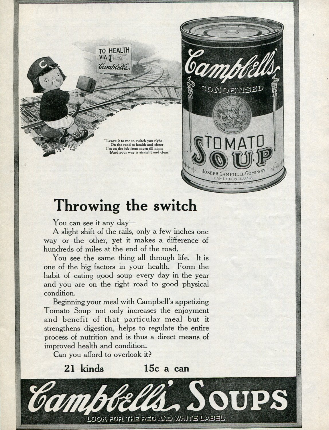 1920 Campbell's Soup Throwing the Switch to Health & Cheer Railroad Print Ad Camden NJ