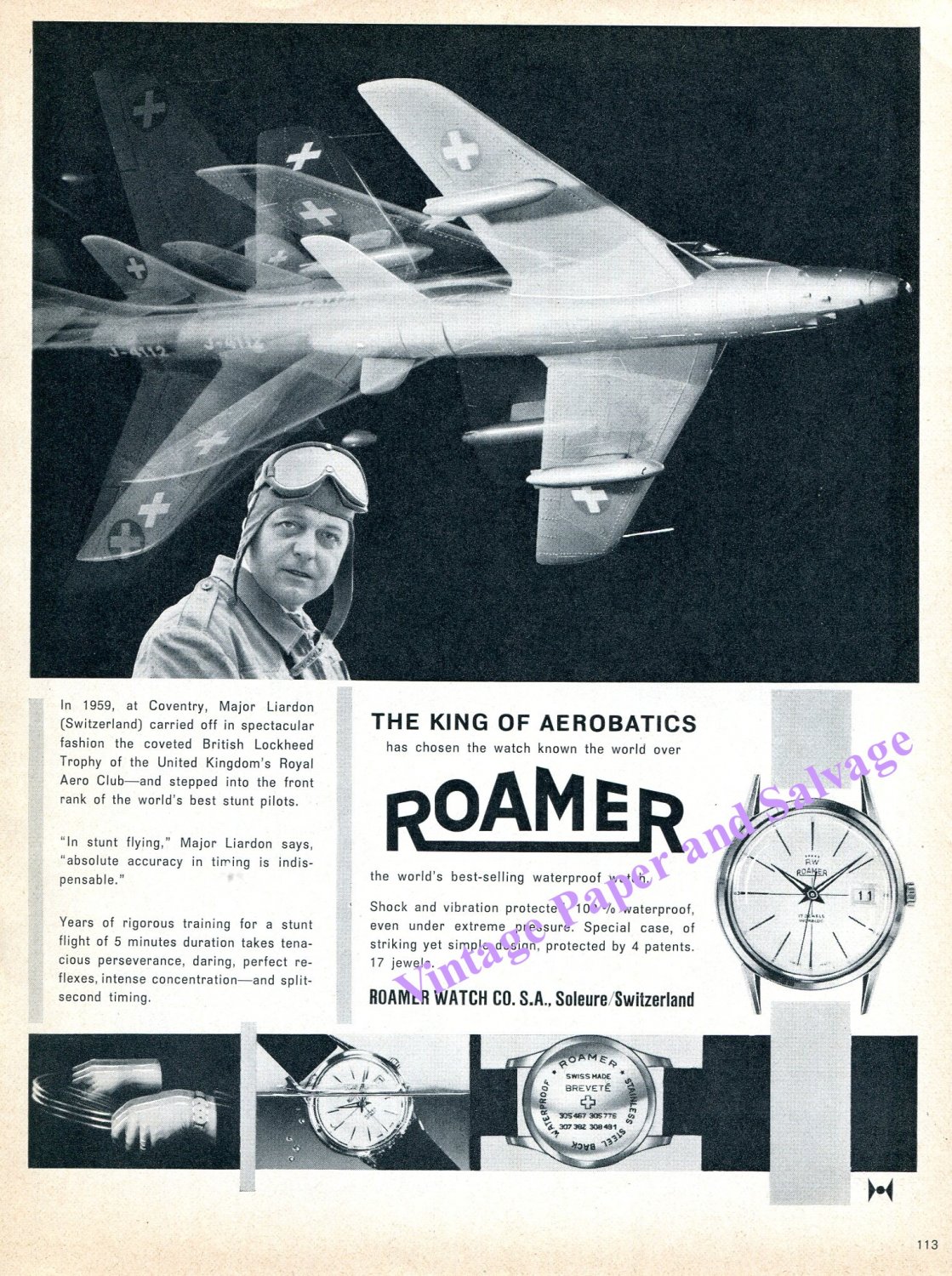 Roamer Watch Co Major Francis Liardon Aero Stunt Pilot Aerobatics Lockheed Vintage 1960 Swiss Ad