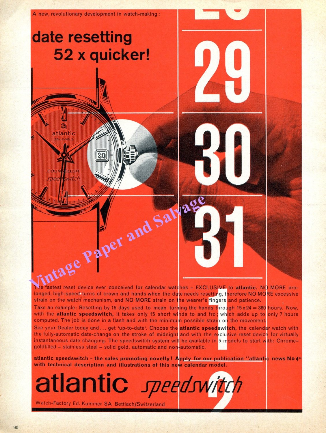 Atlantic Speedswitch Watch Advert Vintage 1960 Swiss Print Ad Ed Kummer SA Switzerland