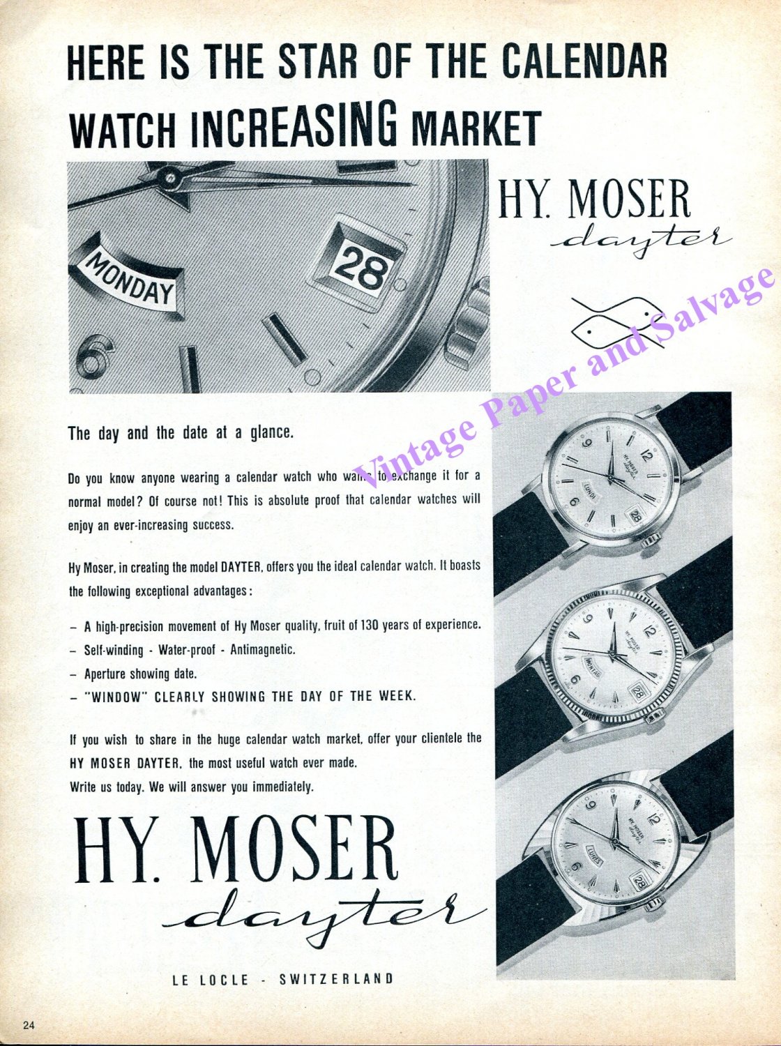 Vintage 1960 Hy Moser Dayter Watch Advert Swiss Print Ad H Moser & Cie ...