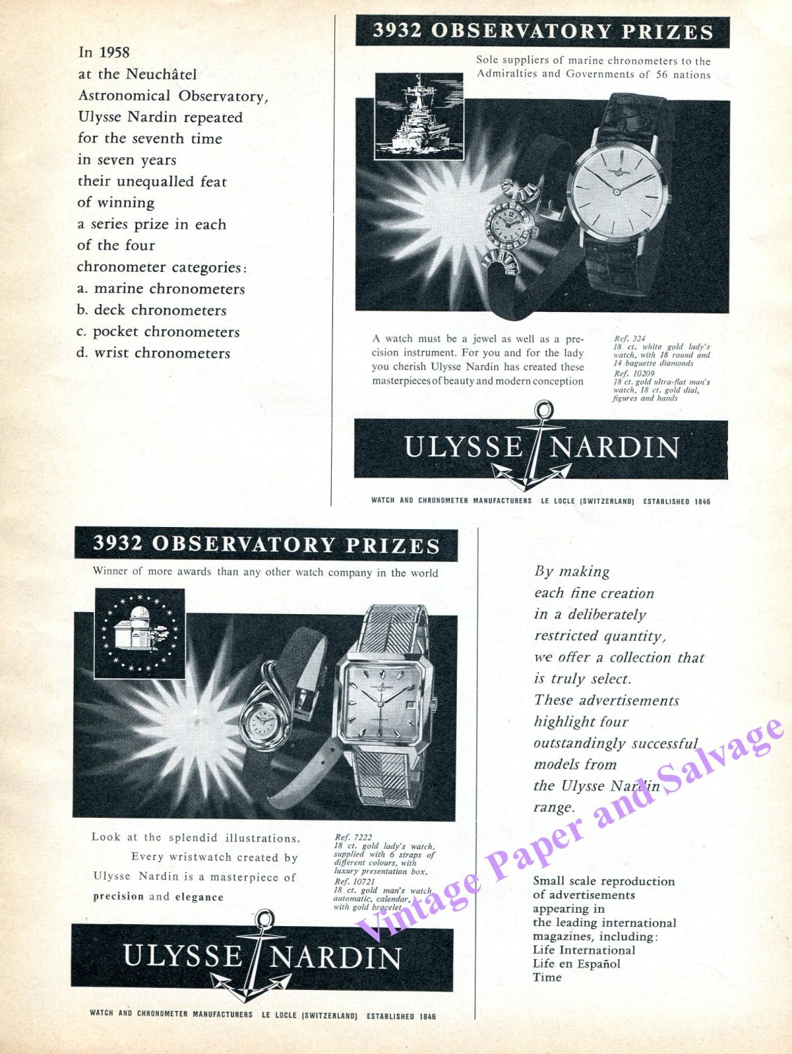 Vintage 1960 Ulysse Nardin Watch Company 3932 Observatory Prizes Vintage Swiss Print Ad