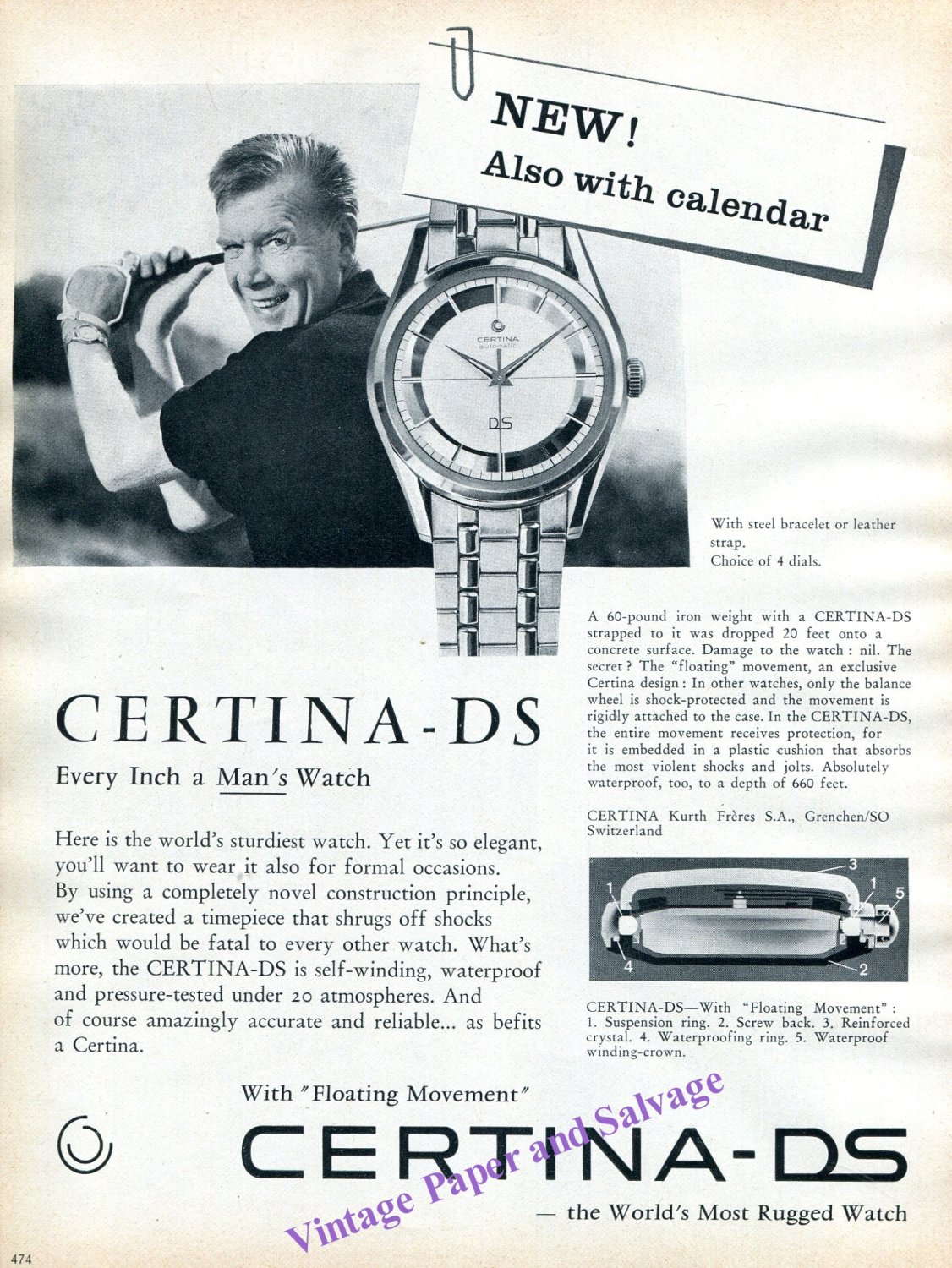 Vintage 1960 Certina DS Watch Advert Rugged Every Inch A Man's Watch Swiss Print Ad
