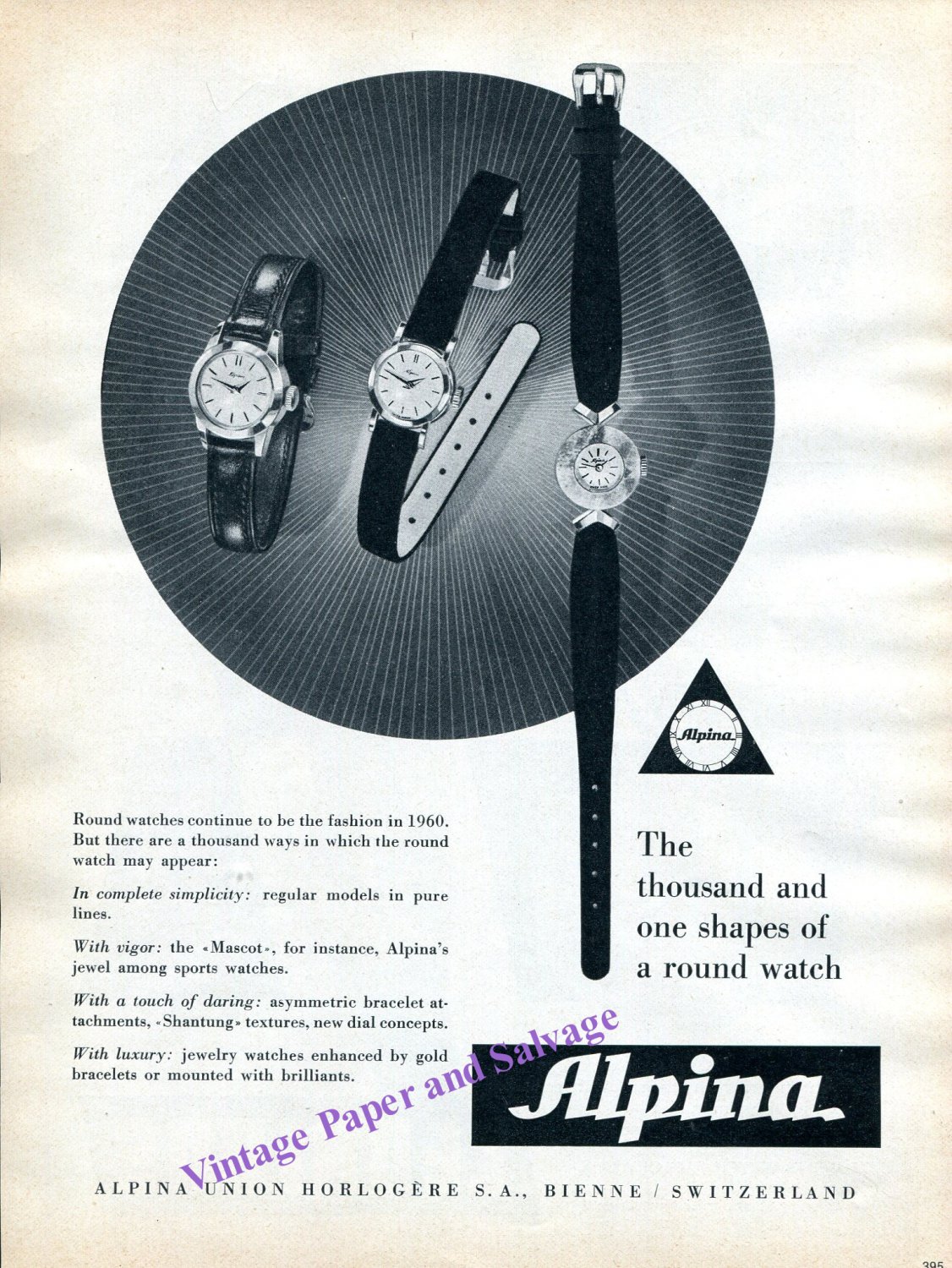 Vintage 1960 Alpina Watch Company Alpina Union Horlogere Switzerland Swiss Print Ad Advert Suisse