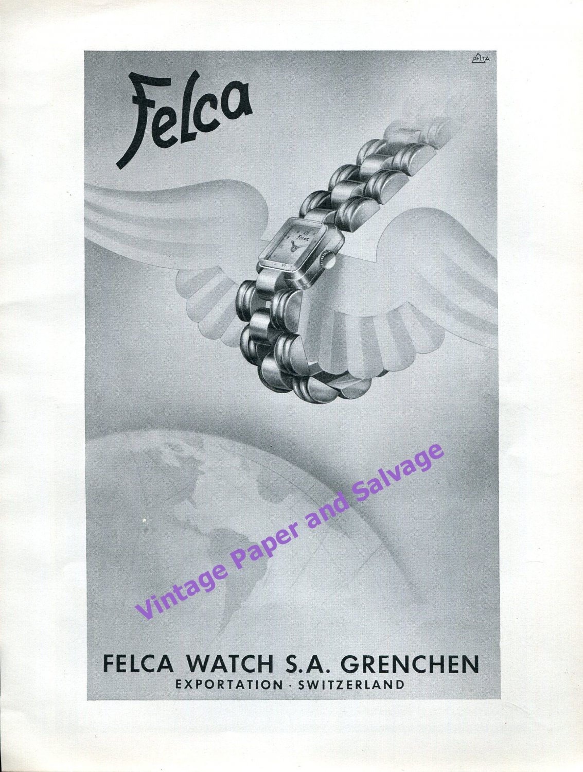1946 Felca Watch Company Grenchen Switzerland Vintage 1940s Swiss Print Ad
