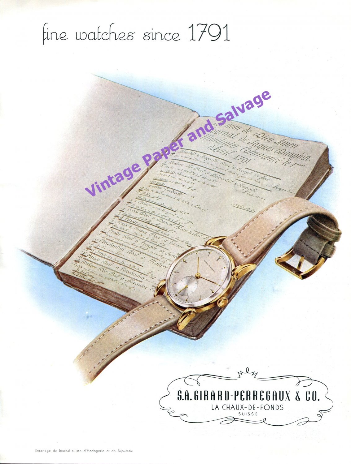 1946 Girard-Perregaux Watch Company Switzerland Vintage 1940s Swiss Print Ad