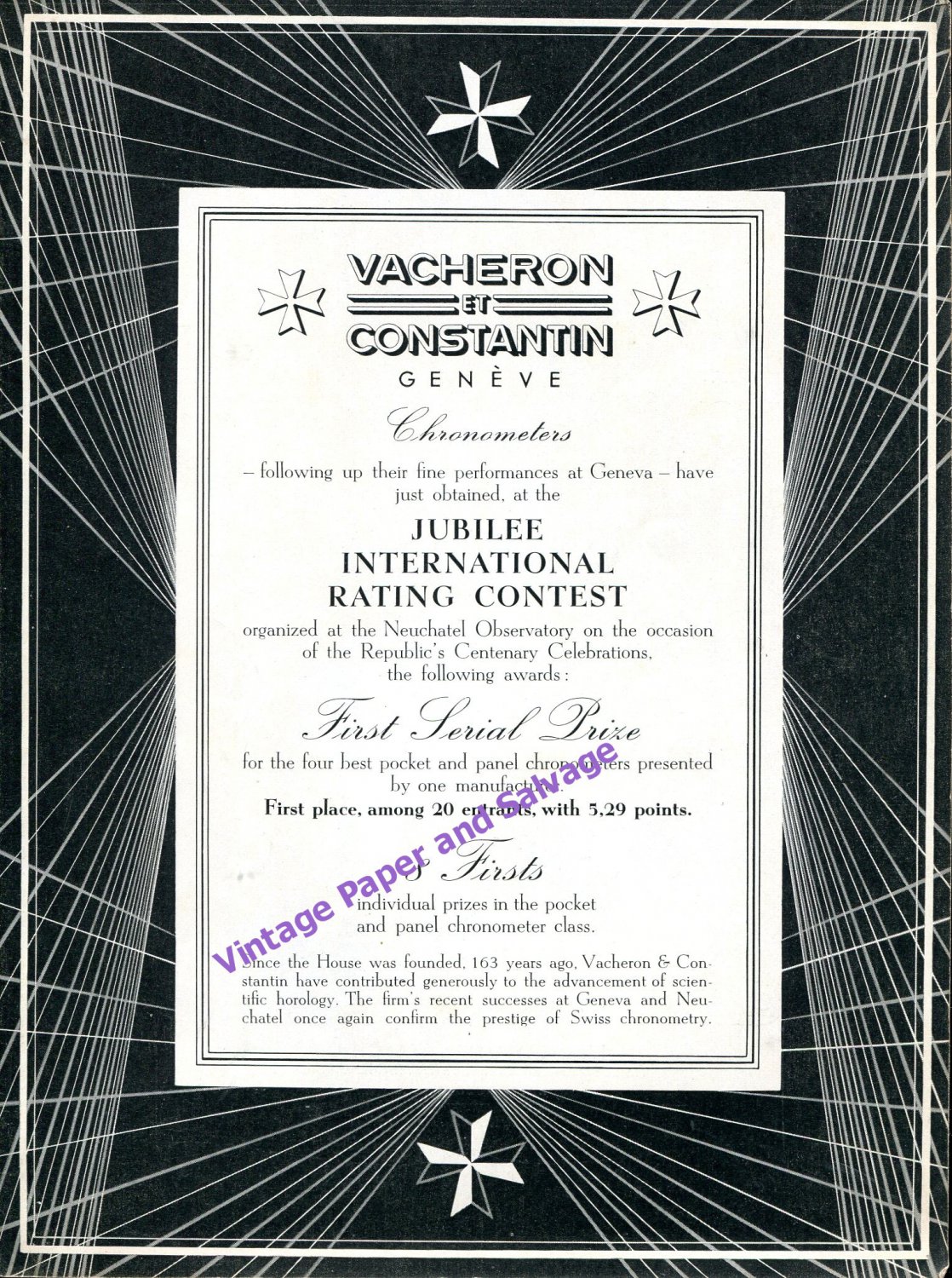 1949 Vacheron Constantin Watch Co First Serial Prize Rating Contest Vintage 1940s Swiss Print Ad