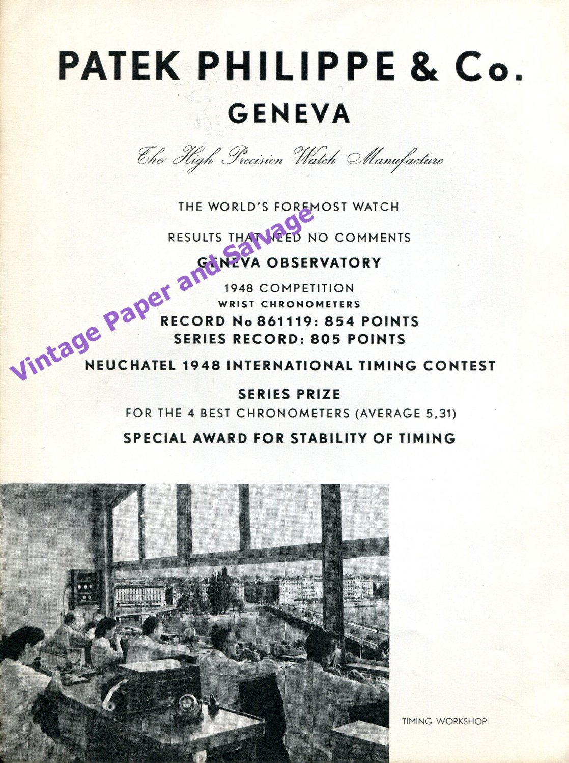 1949 Patek Philippe & Co Watch Co Geneva Neuchatel Observatory Record Vintage 1940s Swiss Print Ad