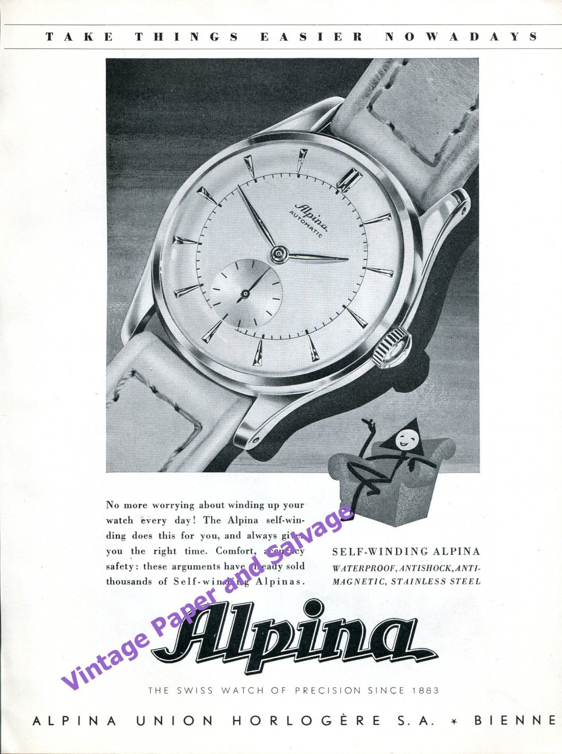 1949 Alpina Automatic Watch Advert Alpina Union Horlogere SA Vintage 1940s Swiss Print Ad