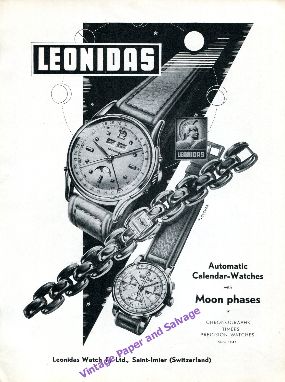 1949 Leonidas Watch Company Moon Phases Saint-Imier Switzerland Swiss Print Ad