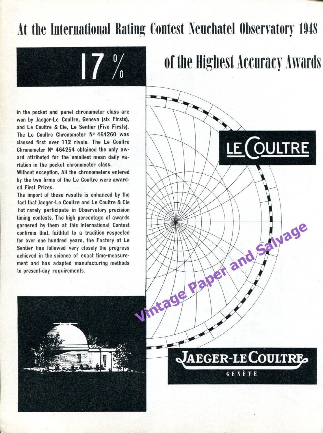 1949 Jaeger-LeCoultre Highest Accuracy Awards Neuchatel Observatory Swiss Print Ad Advert