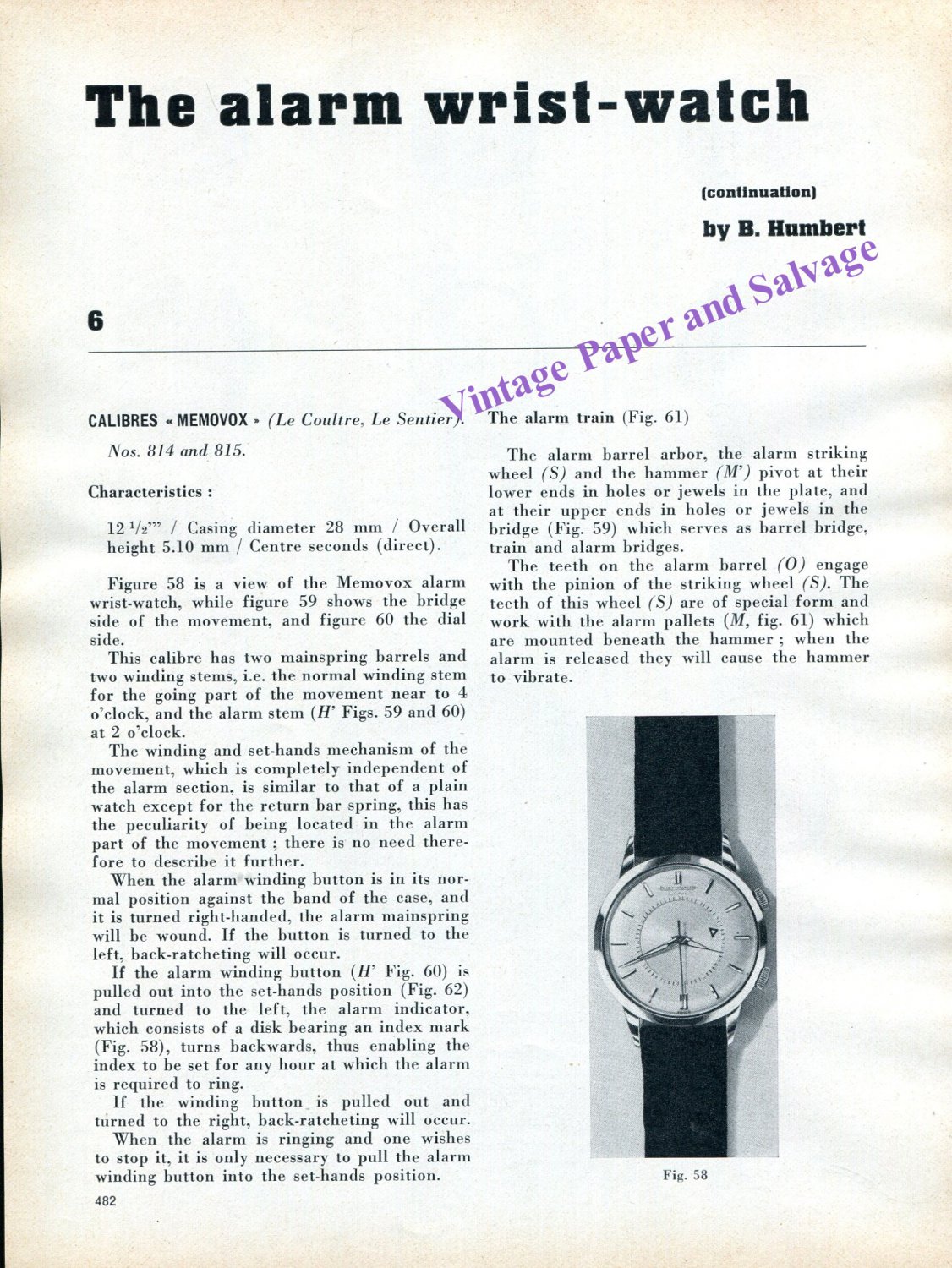 1960 Jaeger-LeCoultre Memovox The Alarm Wrist Watch No. 814 No. 815 by B. Hubert Swiss Suisse
